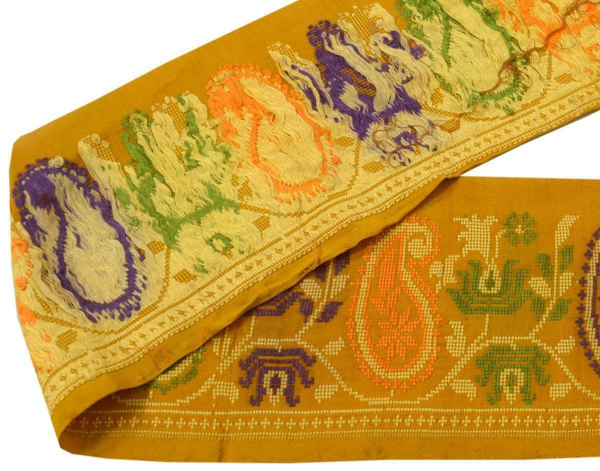 Antique Vintage Sari Border Indian Craft Trim Woven Paisley Saffron Lace Ribbon