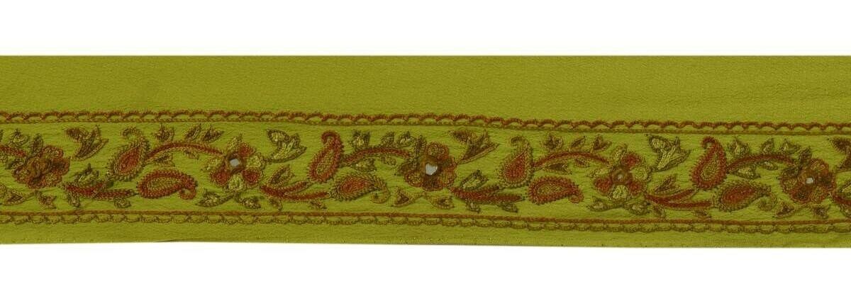 Vintage Sari Border Indian Craft Trim Embroidered Pasiley Green Lace Ribbon