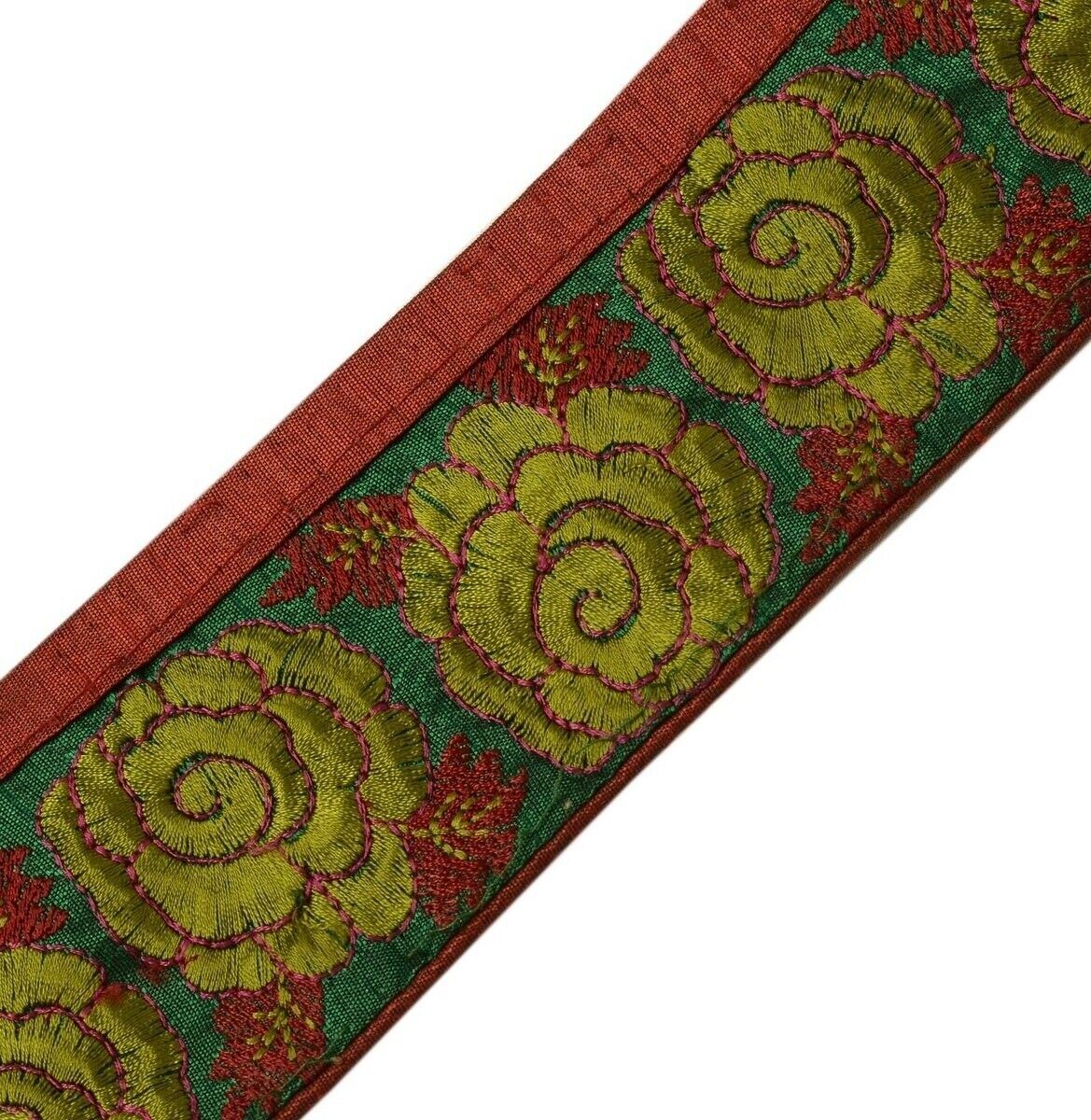 Vintage Sari Border Indian Craft Trim Embroidered Floral Green Ribbon Lace
