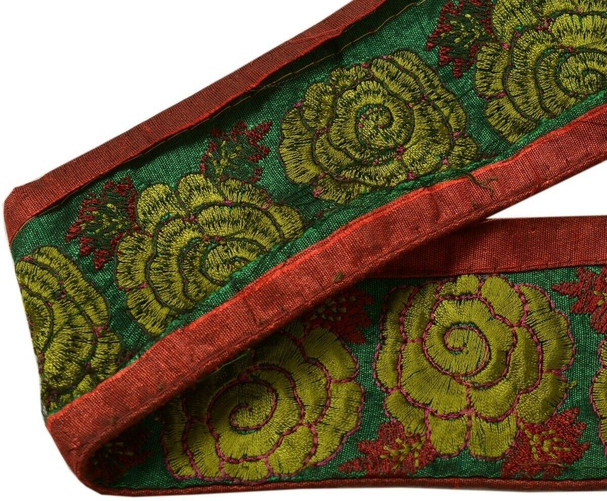 Vintage Sari Border Indian Craft Trim Embroidered Floral Green Ribbon Lace