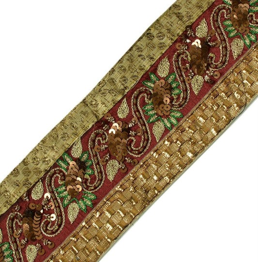 Vintage Sari Border Indian Craft Trim Embroidered Patch Work Ribbon Lace Maroon