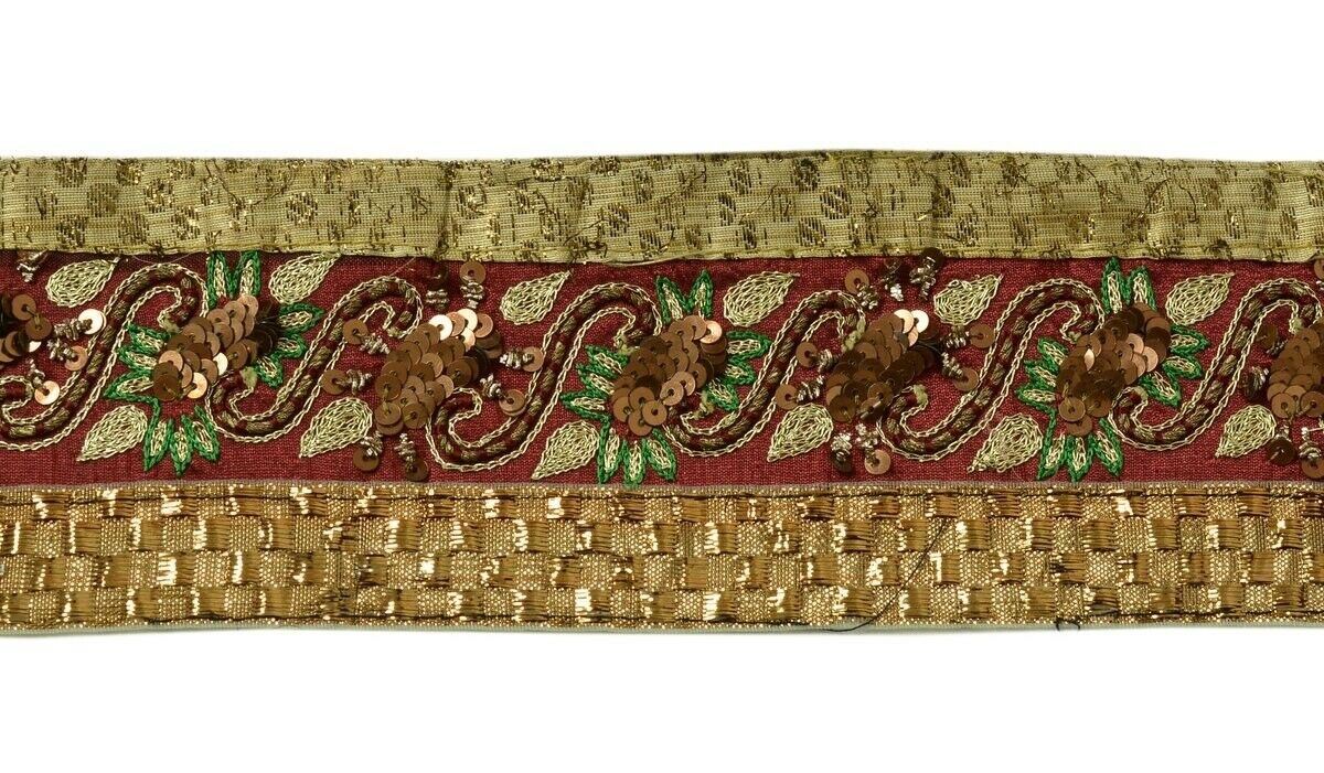 Vintage Sari Border Indian Craft Trim Embroidered Patch Work Ribbon Lace Maroon