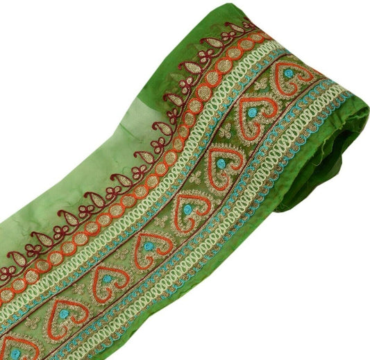 4.75" W Vintage Sari Border Indian Craft Trim Embroidered Green Ribbon Lace