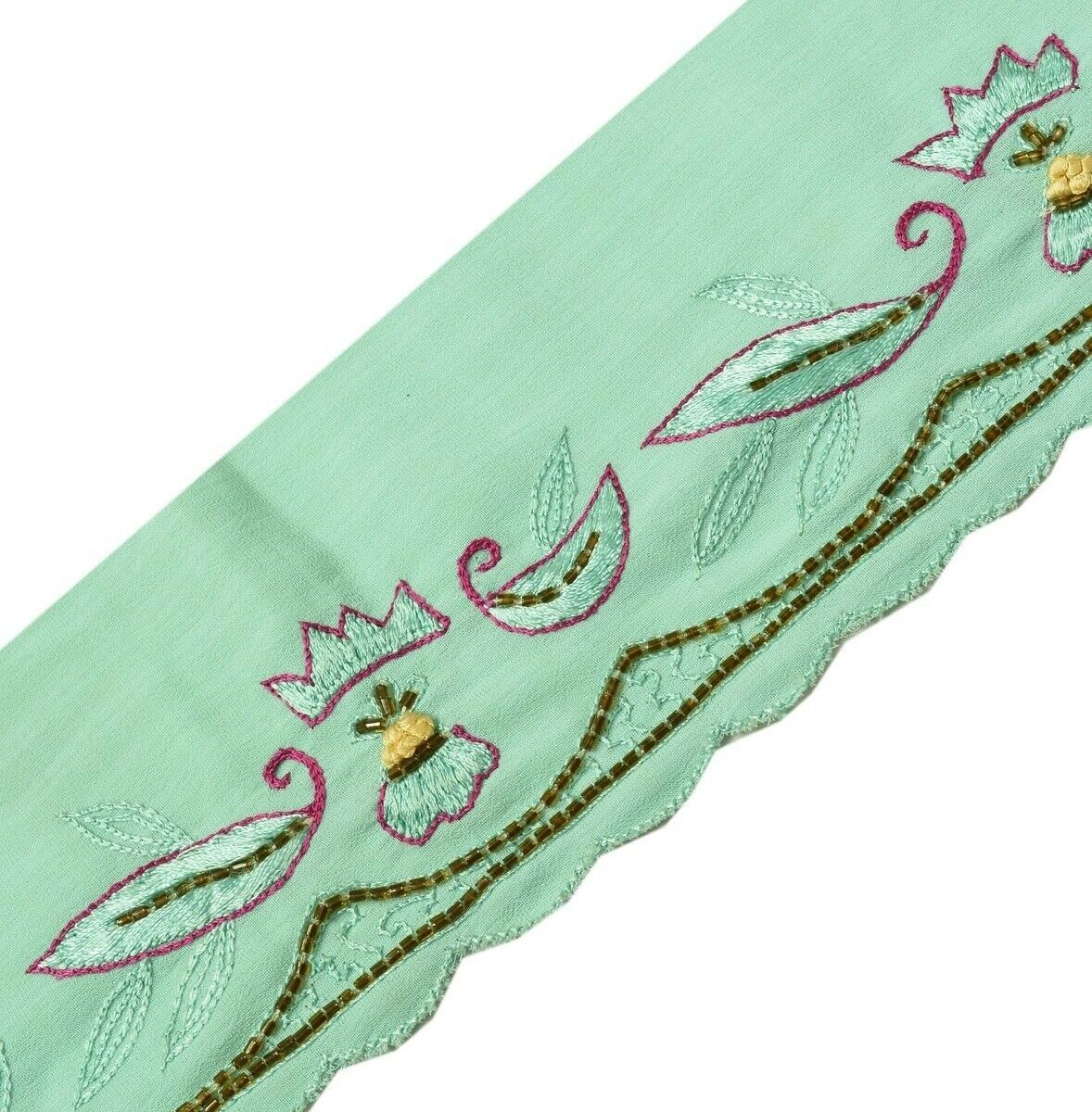 Vintage Sari Border Indian Craft Trim Hand Embroidered Beaded Ribbon Lace Green