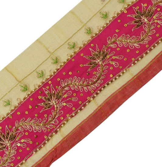 Vintage Sari Border Indian Craft Trim Hand Beaded Embroidered Magenta Ribbon