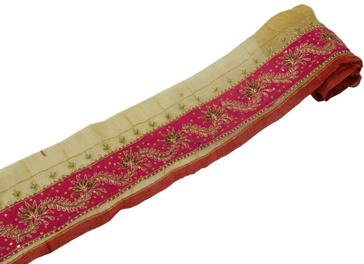 Vintage Sari Border Indian Craft Trim Hand Beaded Embroidered Magenta Ribbon