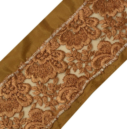 Vintage Sari Border Indian Craft Trim Embroidered Floral Net Fabric Lace Brown