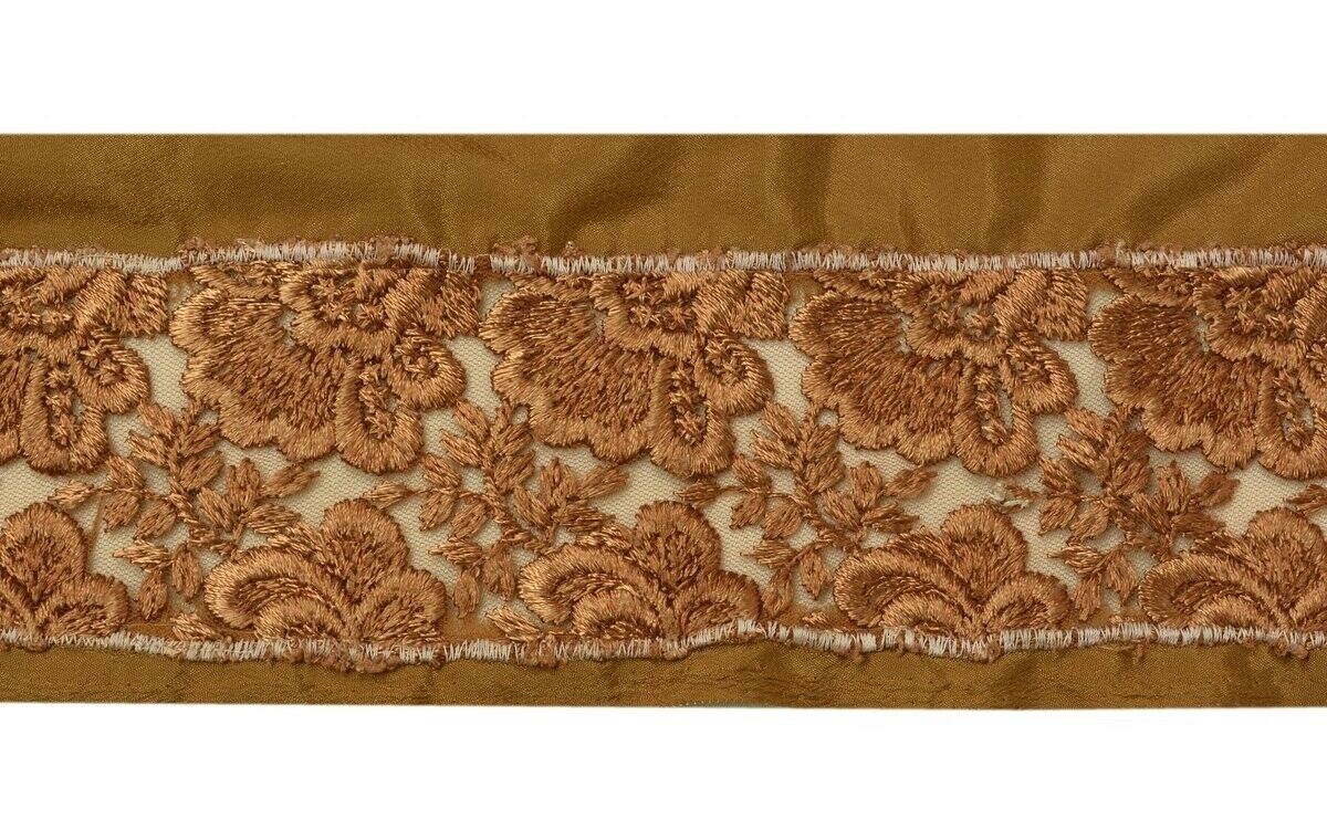 Vintage Sari Border Indian Craft Trim Embroidered Floral Net Fabric Lace Brown
