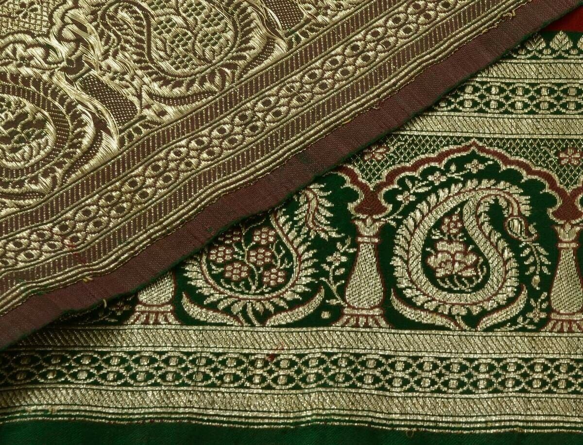 Antique Vtg Sari Border Indian Craft Trim Zari Woven Banrasi Brocade Green Lace