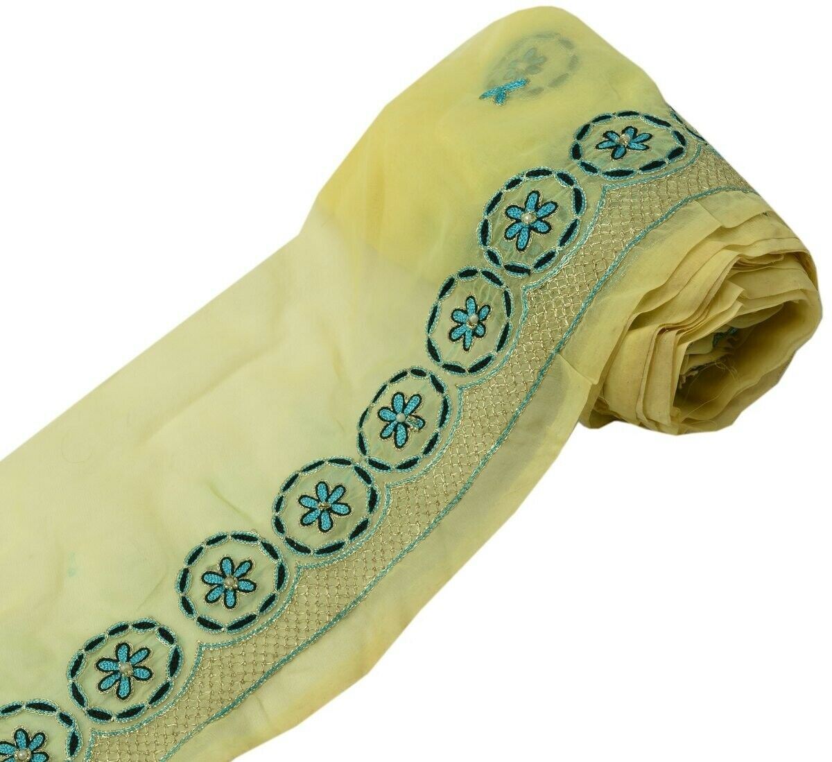 Vintage Sari Border Indian Craft Trim Embroidered Ribbon Lace Lemony Yellow