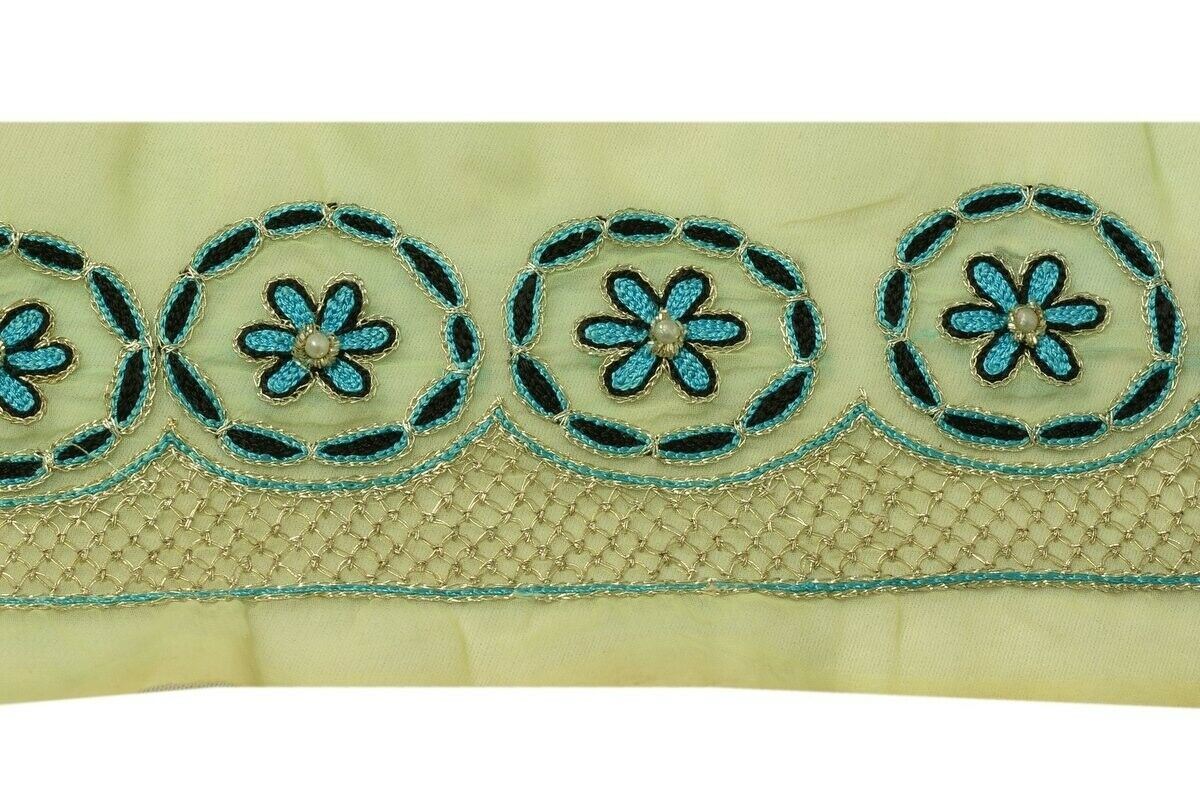 Vintage Sari Border Indian Craft Trim Embroidered Ribbon Lace Lemony Yellow