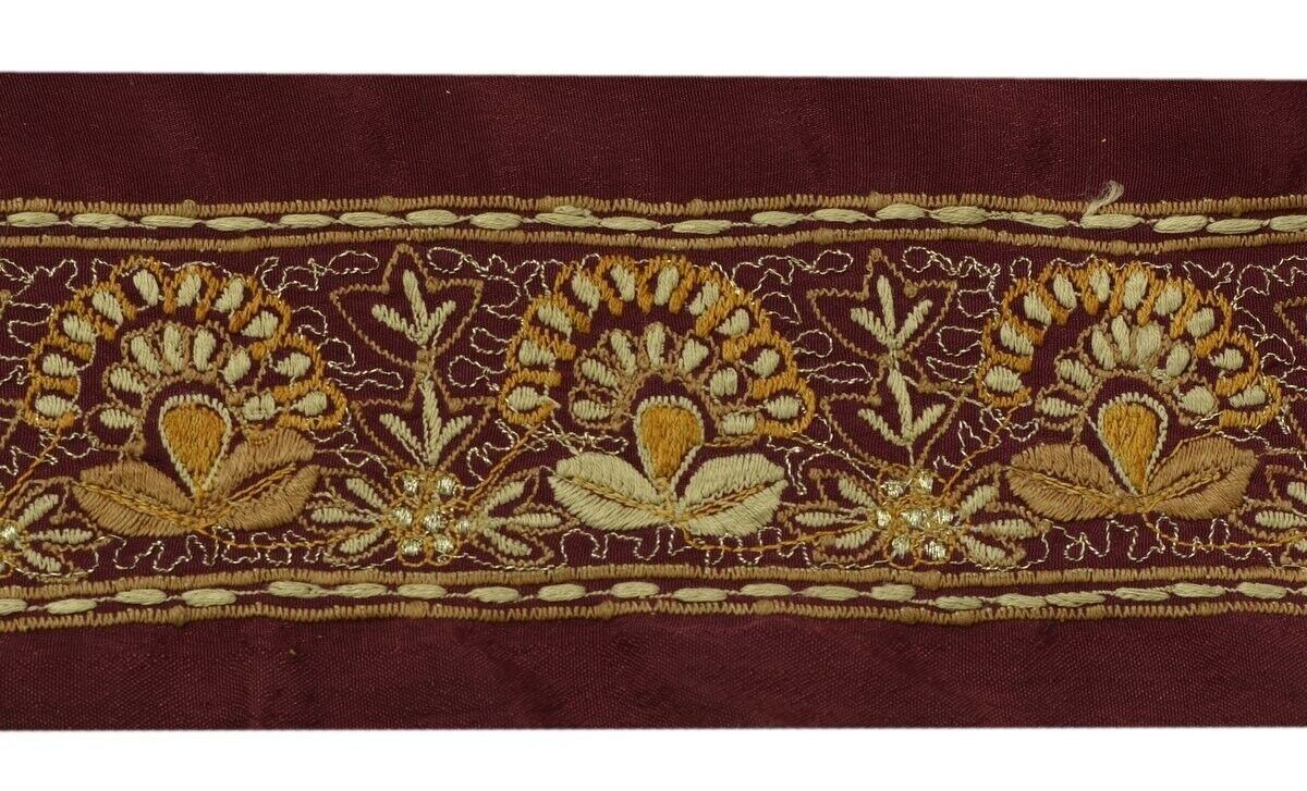 Vintage Sari Border Indian Craft Trim Embroidered Sewing Ribbon Lace Maroon