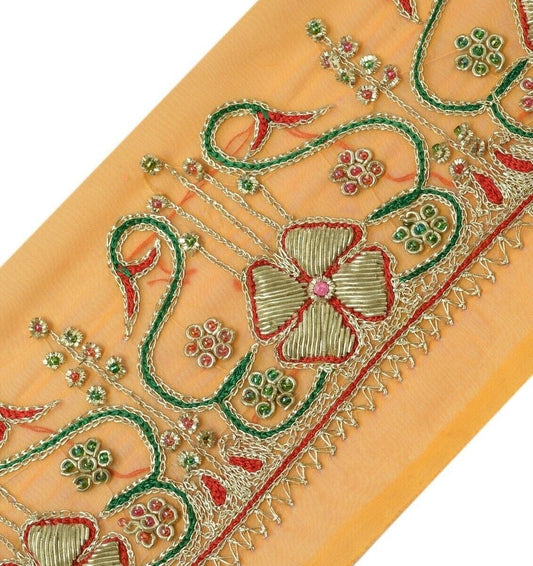 Vintage Sari Border Indian Craft Trim Hand Beaded Embroidered Ribbon Lace Peach