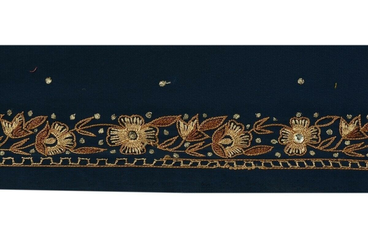 Vintage Sari Border Indian Craft Trim Embroidered Floral Ribbon Lace Blue