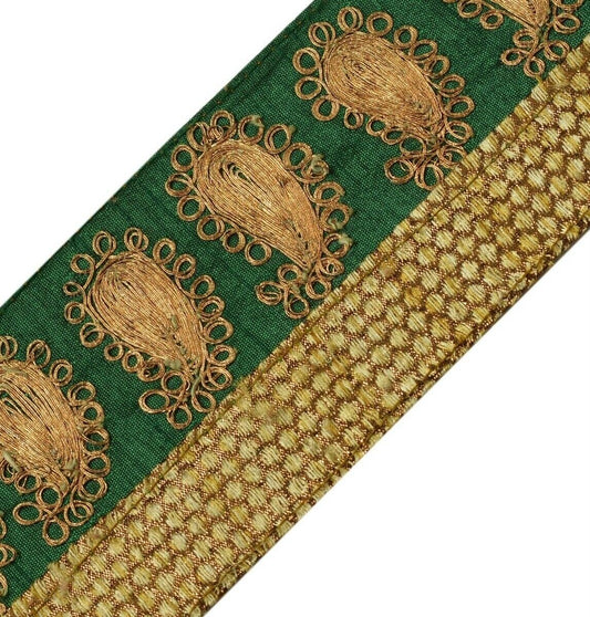 Vintage Sari Border Indian Craft Trim Embroidered Paisley Ribbon Lace Green