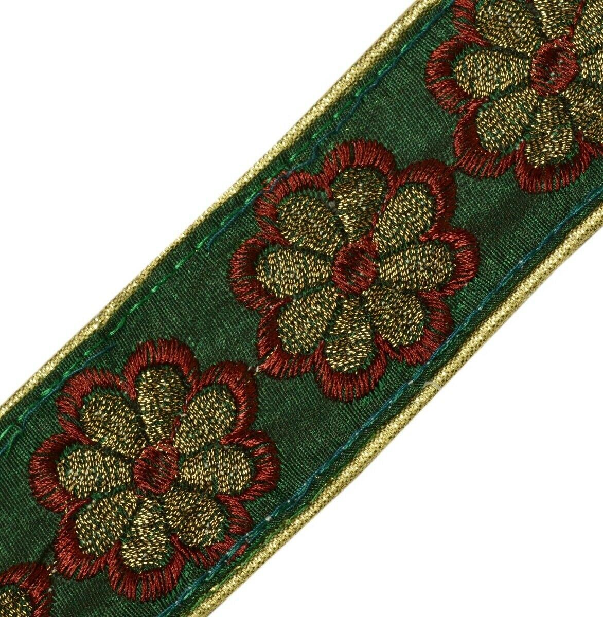 Vintage Sari Border Indian Craft Trim Embroidered Floral Green Ribbon Lace