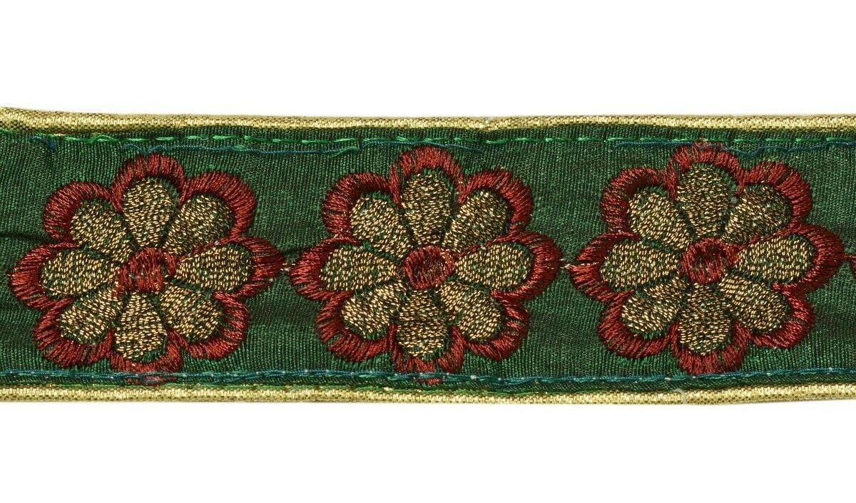 Vintage Sari Border Indian Craft Trim Embroidered Floral Green Ribbon Lace