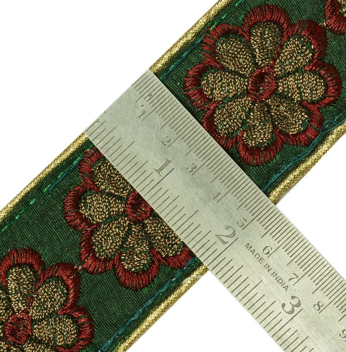 Vintage Sari Border Indian Craft Trim Embroidered Floral Green Ribbon Lace