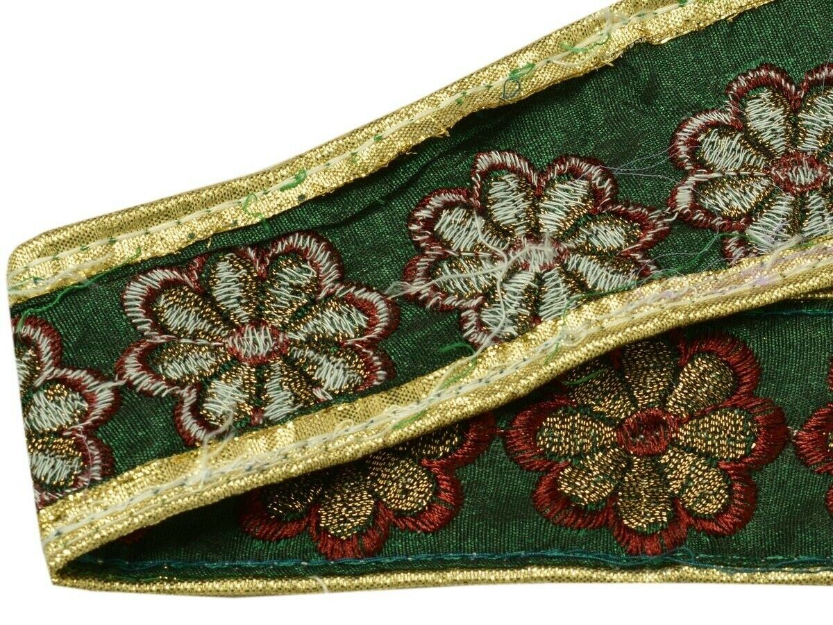 Vintage Sari Border Indian Craft Trim Embroidered Floral Green Ribbon Lace