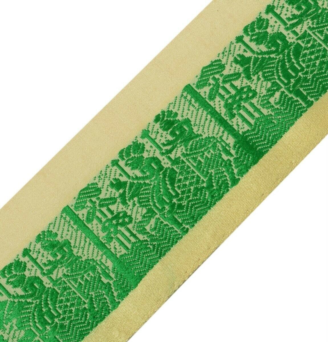 Vintage Sari Border Indian Craft Trim Woven Cream & Green Sewing Ribbon Lace