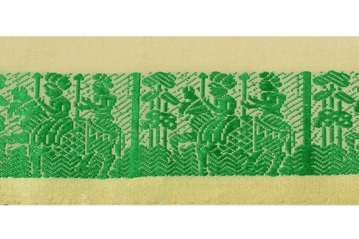 Vintage Sari Border Indian Craft Trim Woven Cream & Green Sewing Ribbon Lace