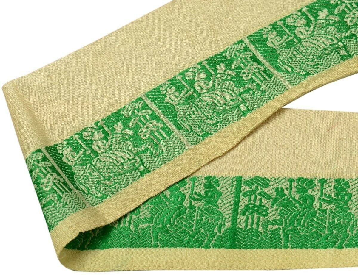 Vintage Sari Border Indian Craft Trim Woven Cream & Green Sewing Ribbon Lace