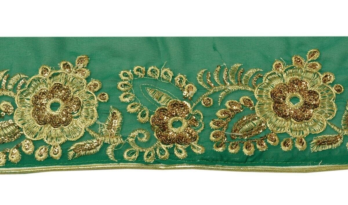 Vintage Sari Border Indian Craft Trim Embroidered Floral Green Ribbon Lace