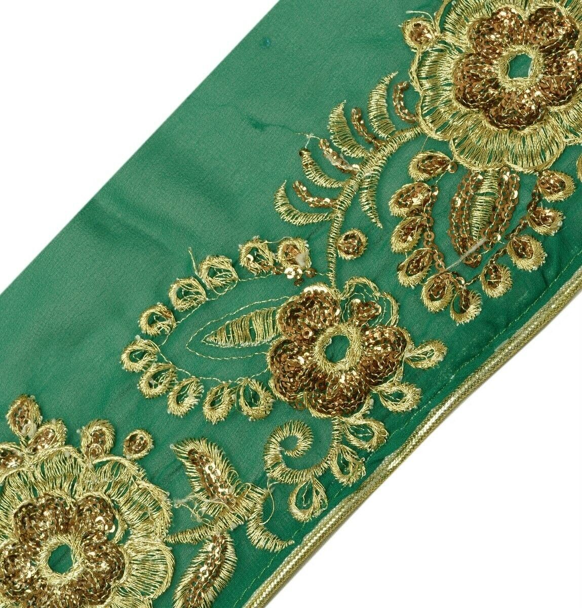 Vintage Sari Border Indian Craft Trim Embroidered Floral Green Ribbon Lace