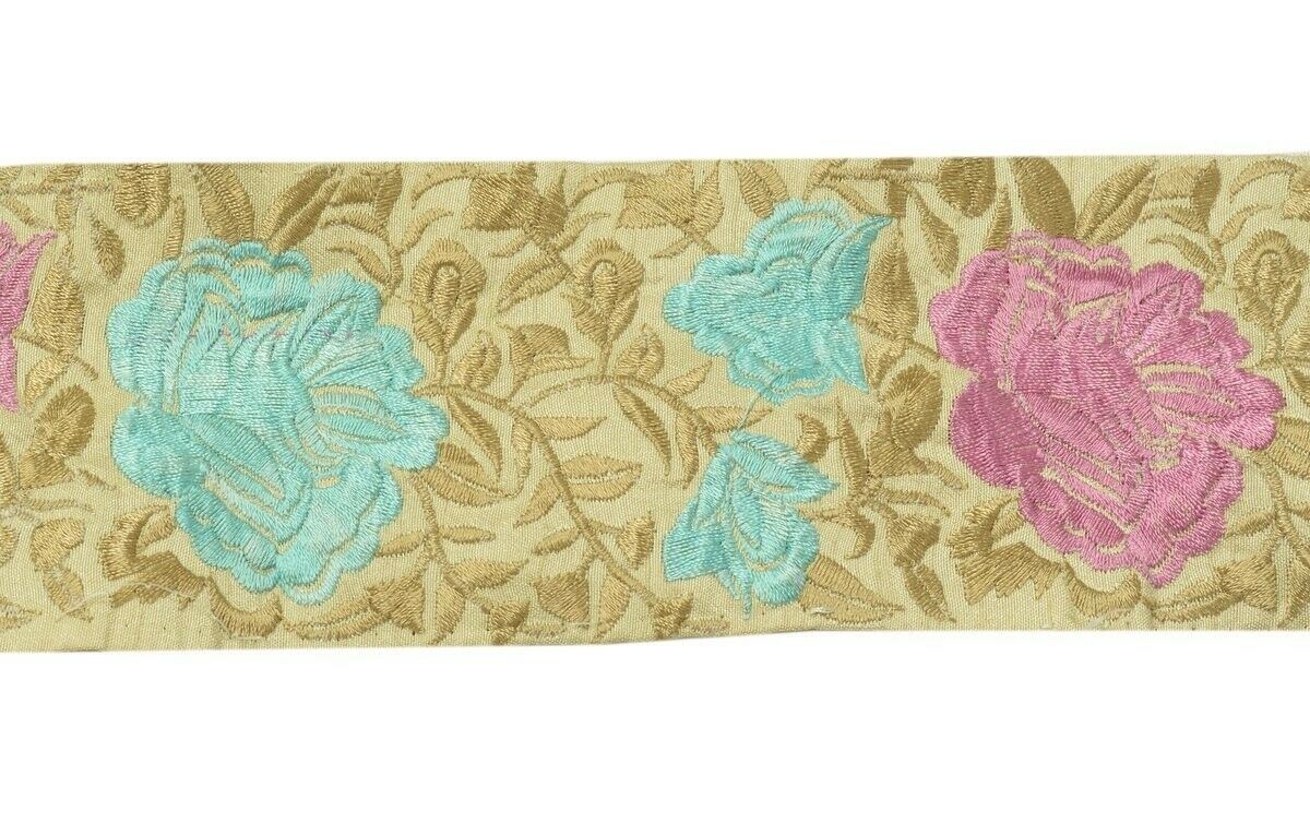 Vintage Sari Border Indian Craft Trim Embroidered Floral Cream Sew Ribbon Lace