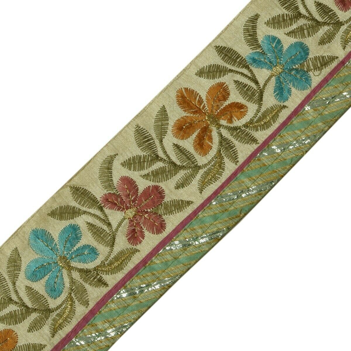 Vintage Sari Border Indian Craft Trim Embroidered Floral Cream Ribbon Lace