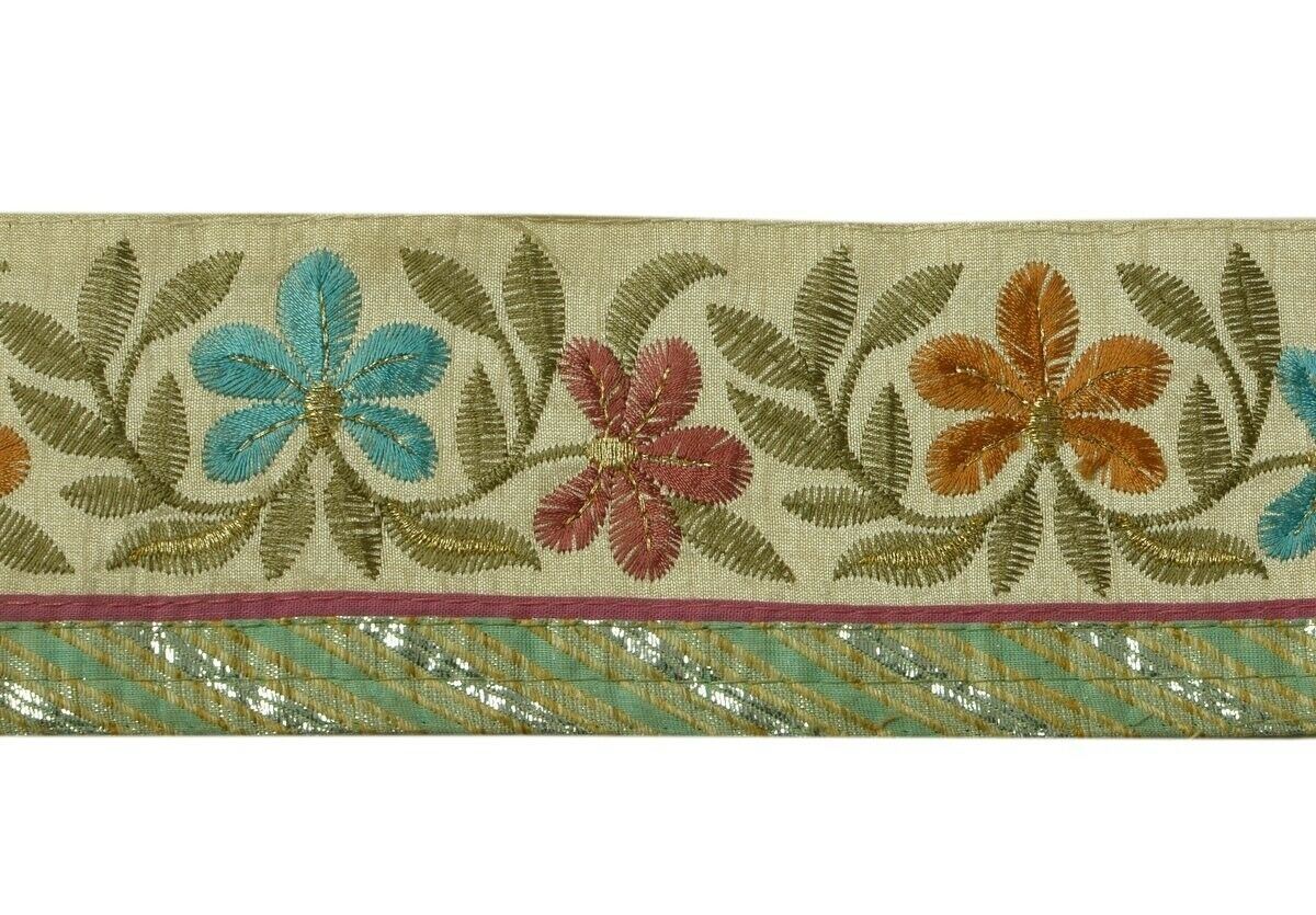 Vintage Sari Border Indian Craft Trim Embroidered Floral Cream Ribbon Lace