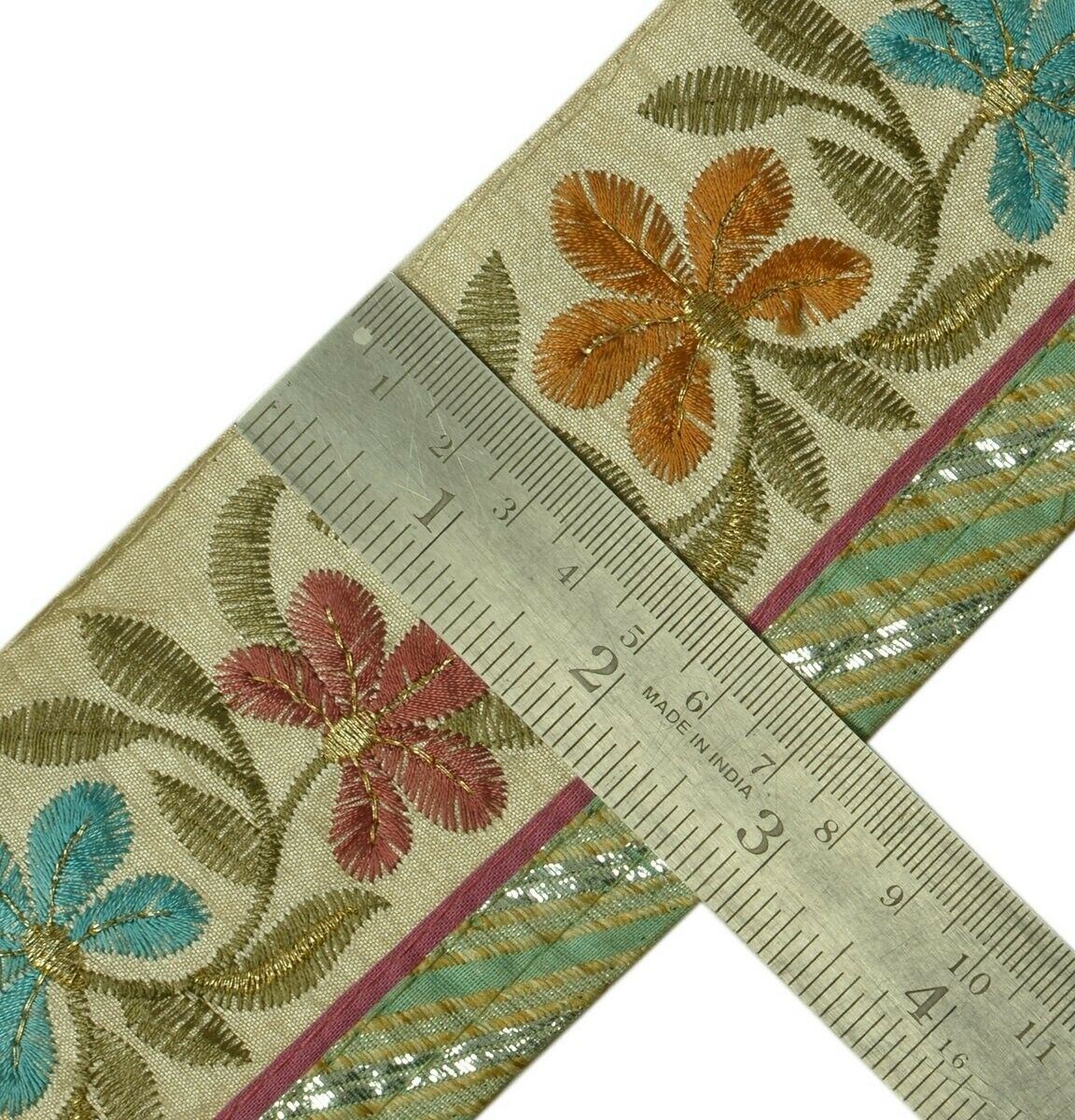 Vintage Sari Border Indian Craft Trim Embroidered Floral Cream Ribbon Lace