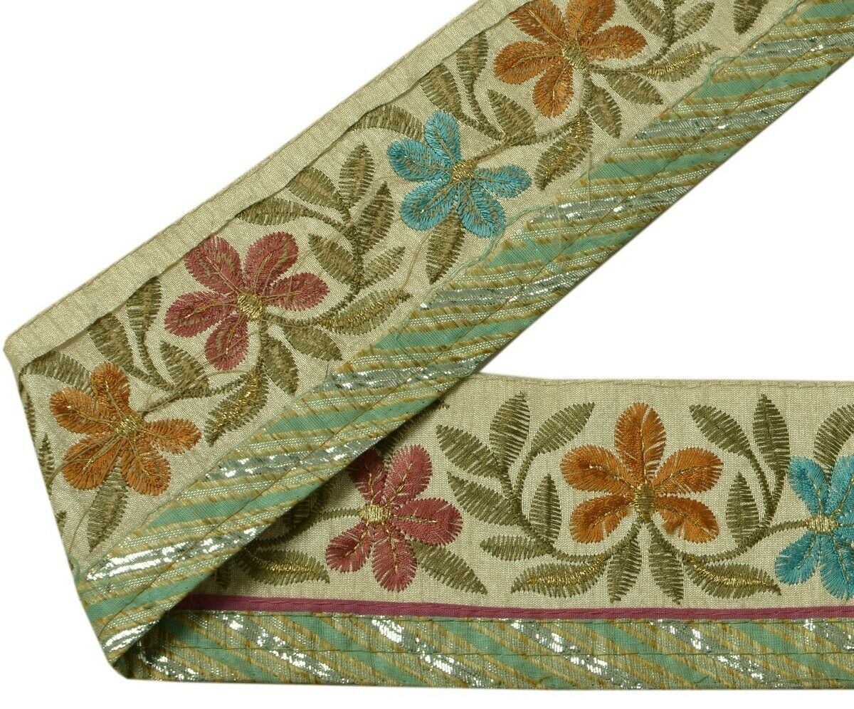 Vintage Sari Border Indian Craft Trim Embroidered Floral Cream Ribbon Lace