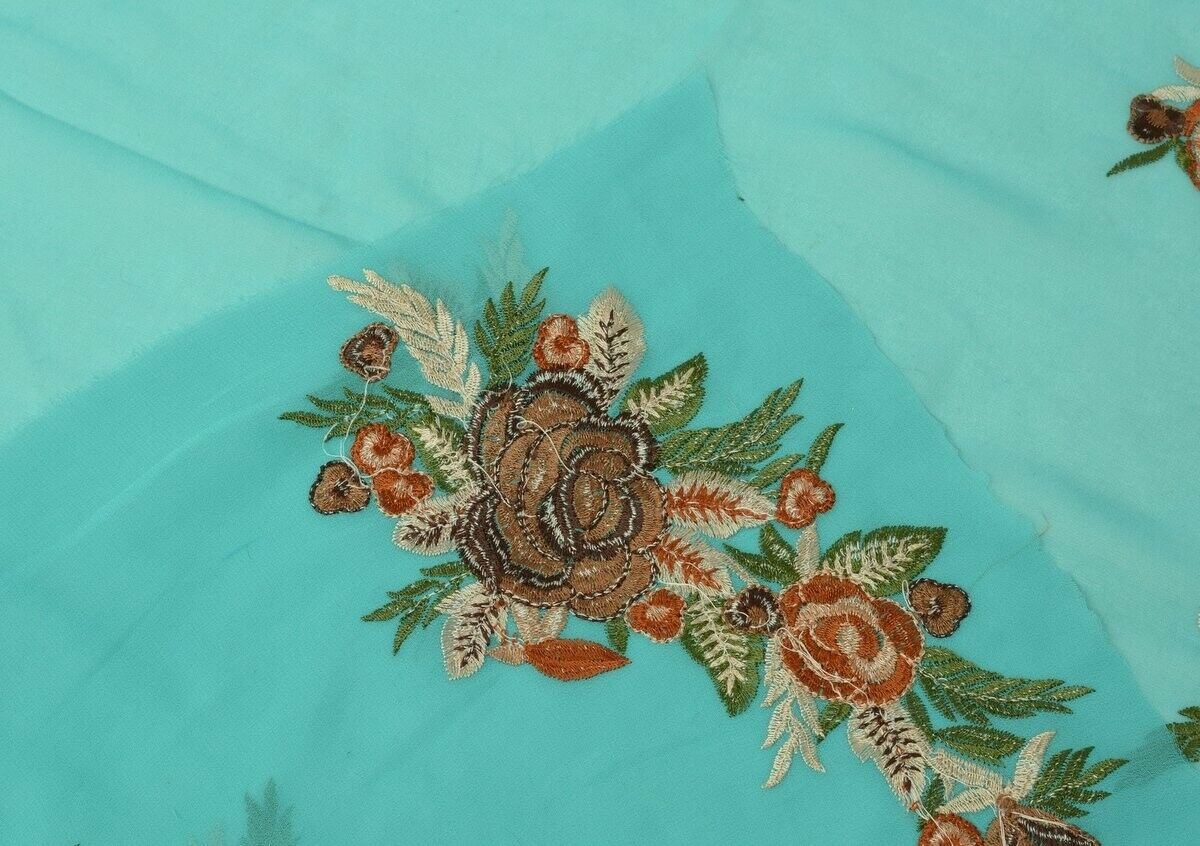 Vintage Saree Multi Purpose Fabric Piece for Sew Craft Embroidered Turquoise