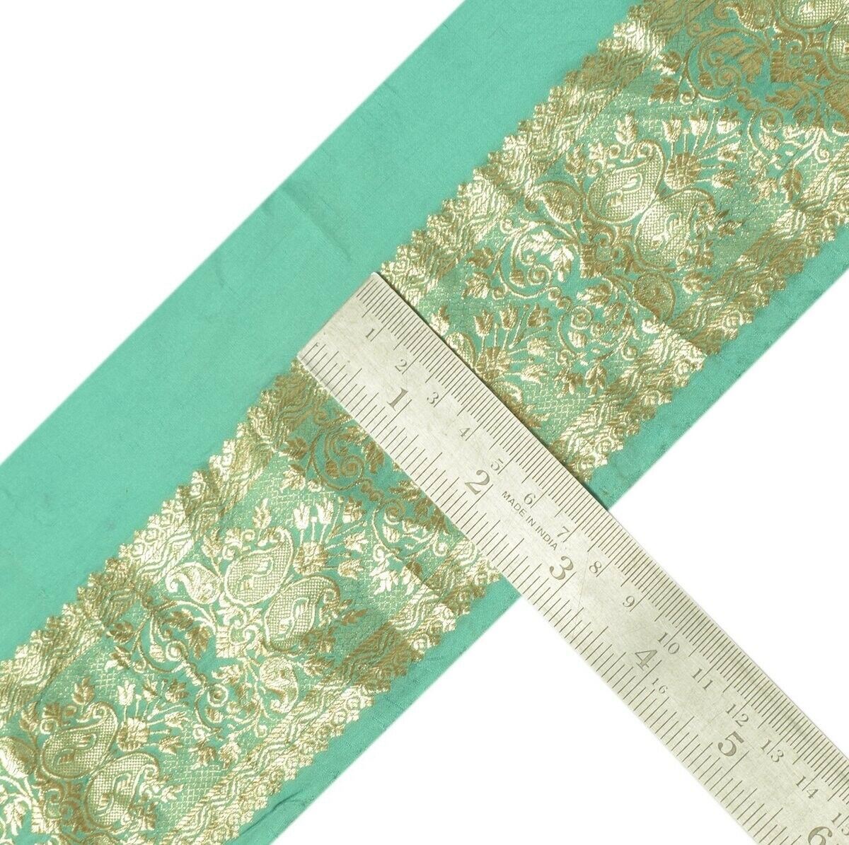 2.75"W Vintage Sari Border Indian Craft Trim Zari Woven Green Sewing Ribbon Lace