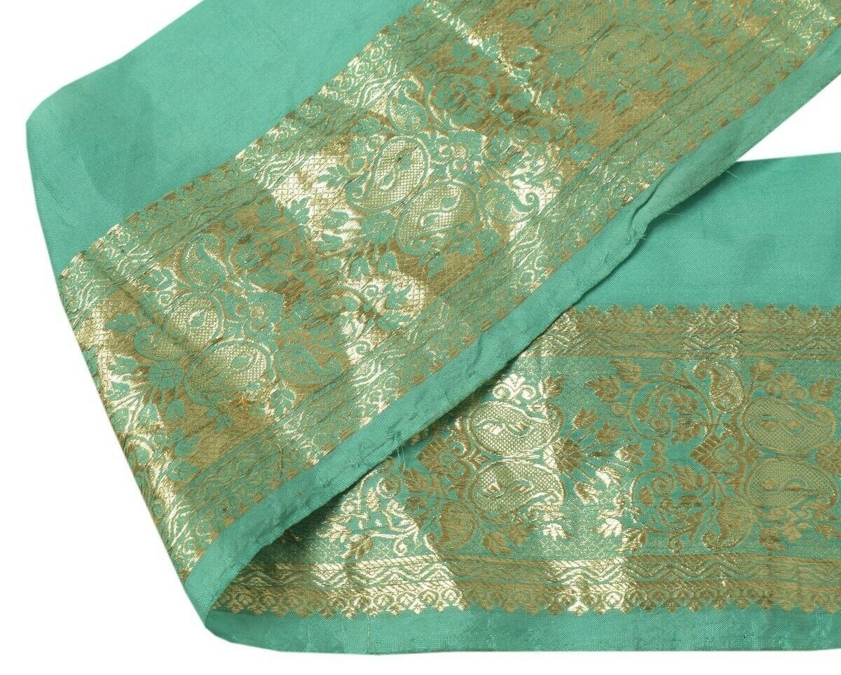 2.75"W Vintage Sari Border Indian Craft Trim Zari Woven Green Sewing Ribbon Lace