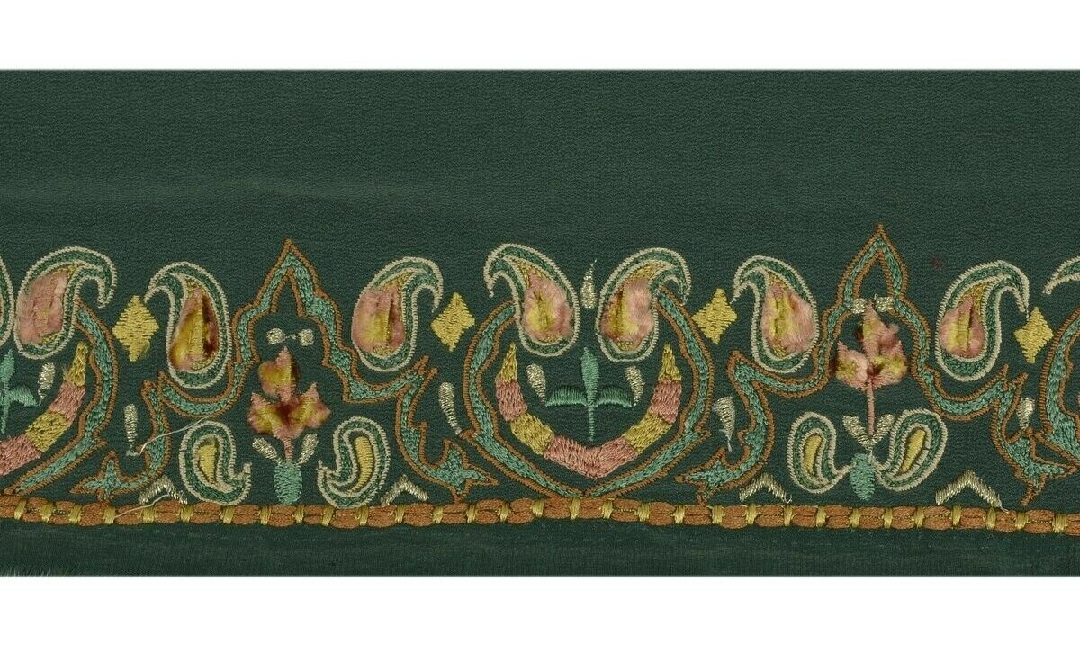 Vintage Sari Border Indian Craft Trim Embroidered Ribbon Lace Grayish Green