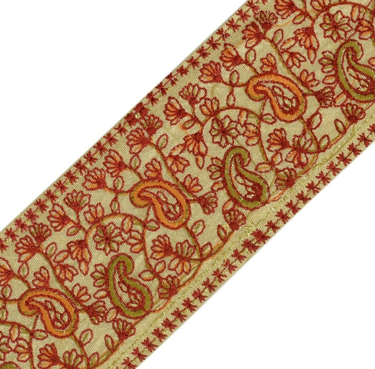 Vintage Sari Border Indian Craft Trim Antique Embroidered Ribbon Lace Cream