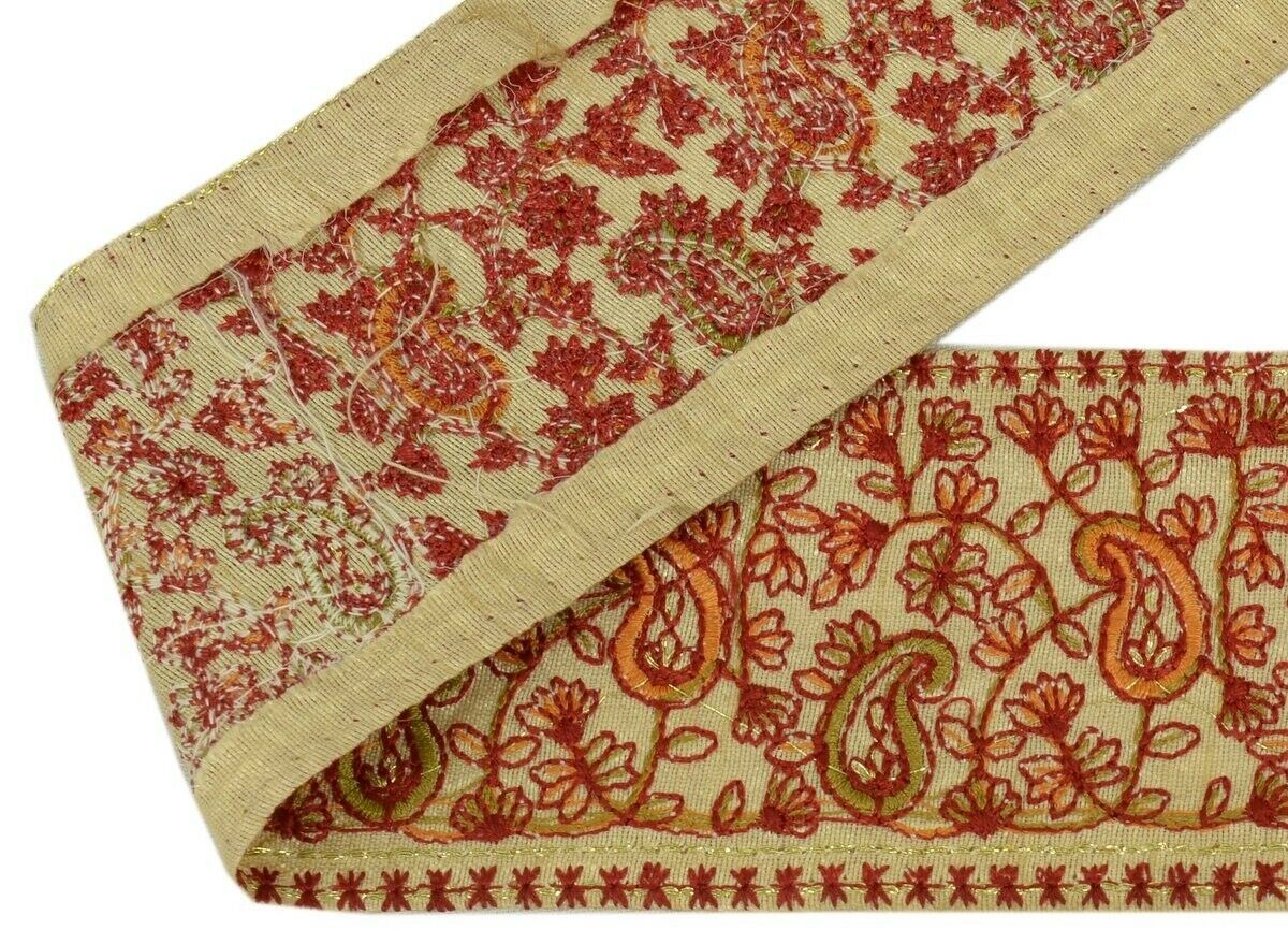 Vintage Sari Border Indian Craft Trim Antique Embroidered Ribbon Lace Cream