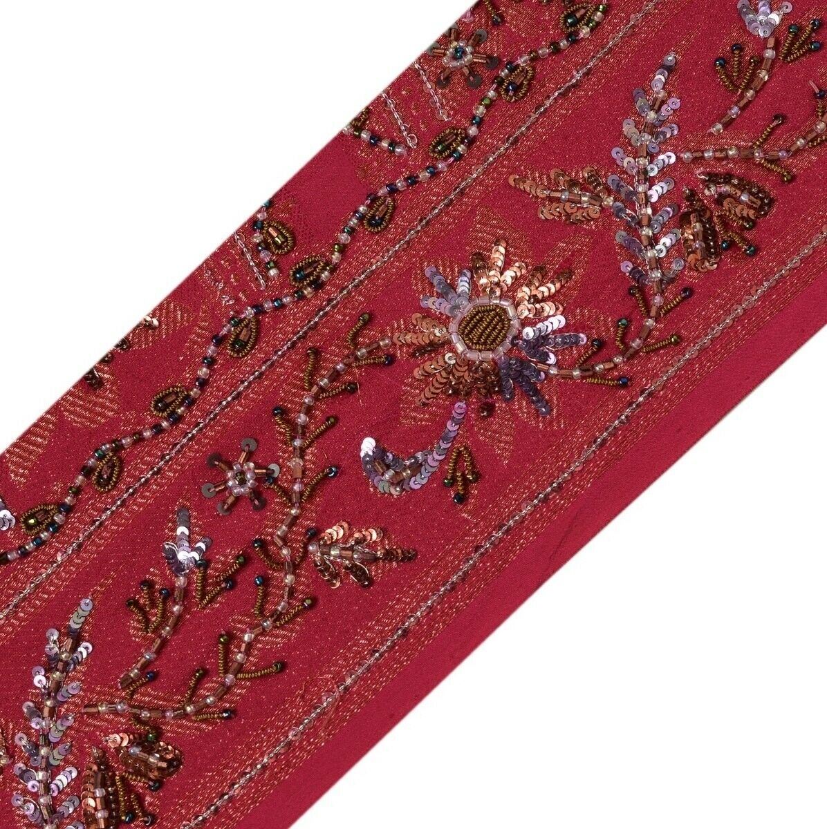 Vintage Sari Border Indian Craft Trim Hand Beaded Sewing Ribbon Lace Magenta