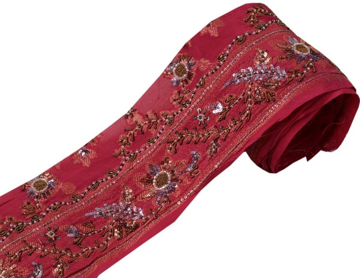 Vintage Sari Border Indian Craft Trim Hand Beaded Sewing Ribbon Lace Magenta