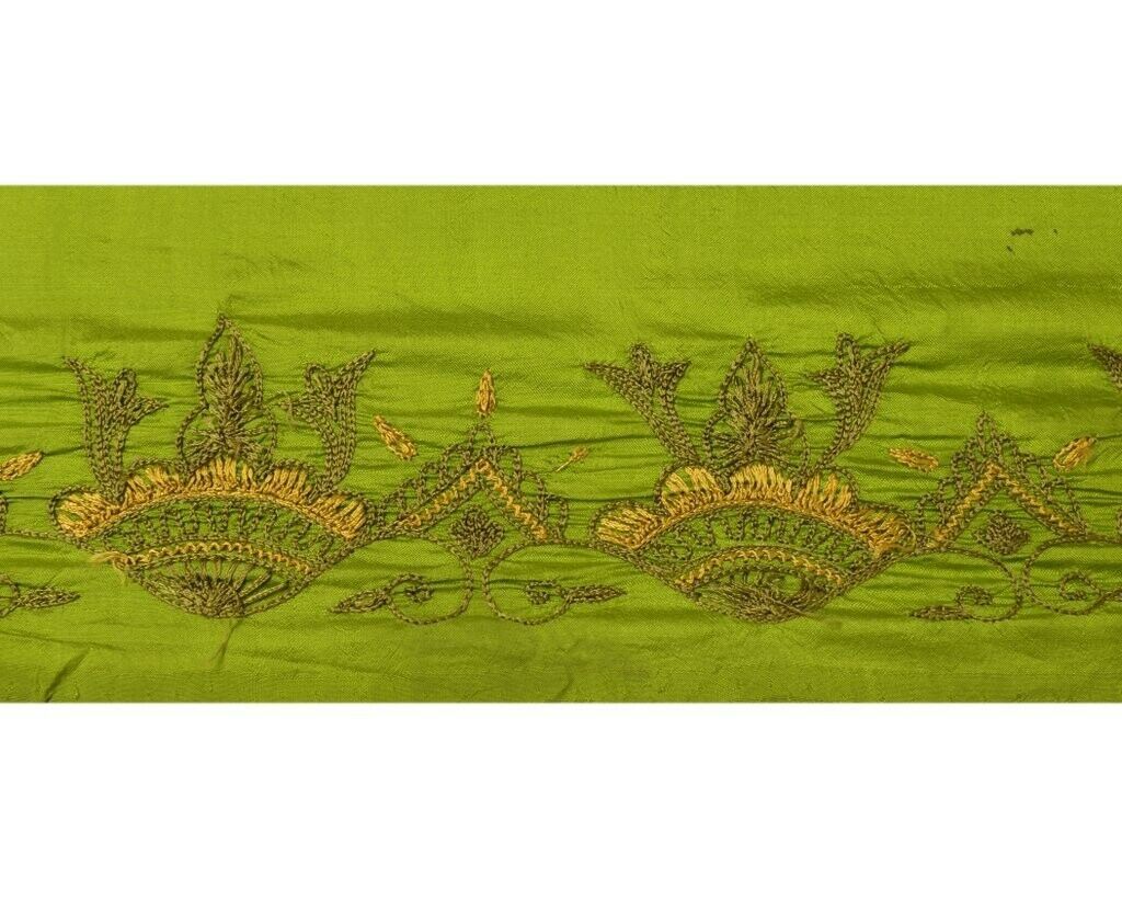 Vintage Sari Border Indian Craft Sewing Trim Embroidered Green Pure Silk Lace