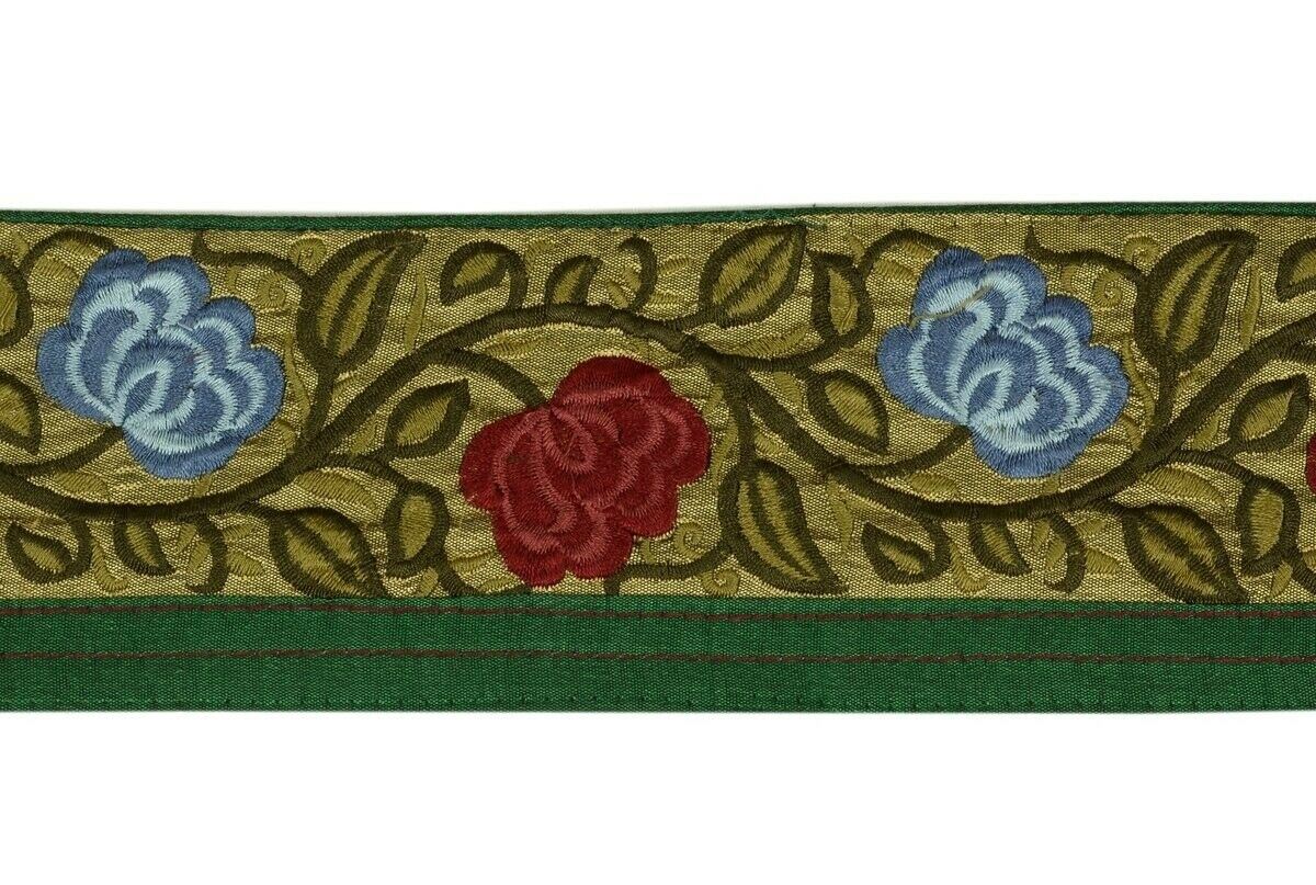 Vintage Sari Border Indian Craft Trim Embroidered Ribbon Lace Antique Green