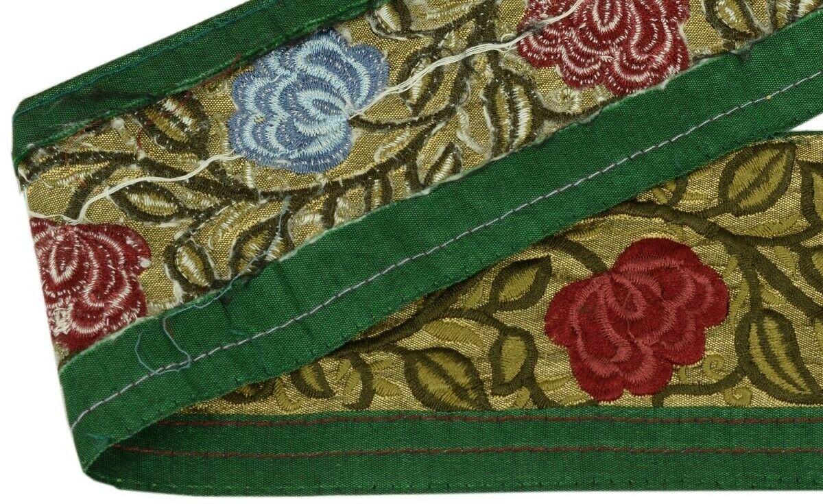 Vintage Sari Border Indian Craft Trim Embroidered Ribbon Lace Antique Green