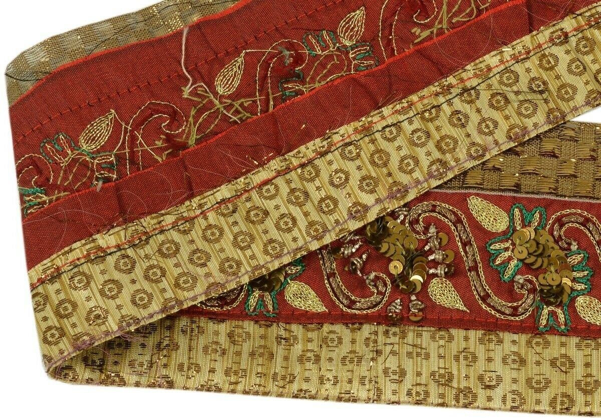 Vintage Sari Border Indian Craft Trim Hand Beaded Embroidered Patch Lace Maroon