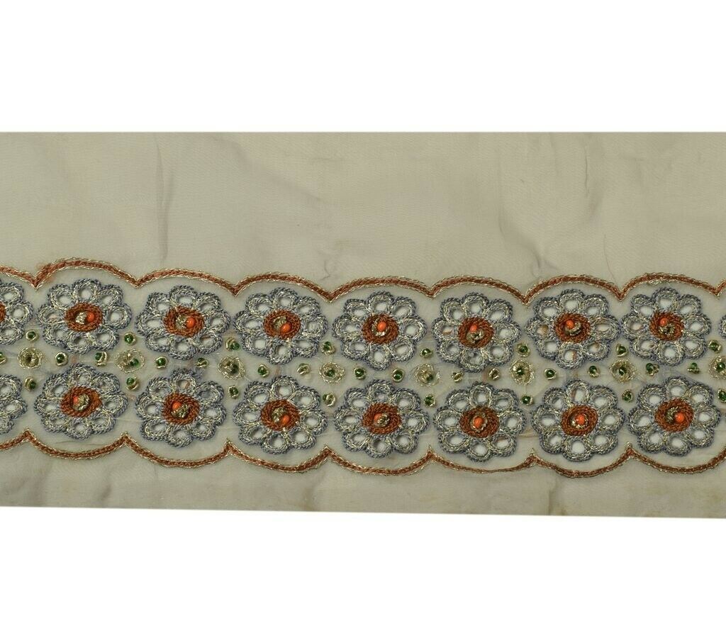 Vintage Sari Border Indian Craft Trim Hand Beaded Embroidered Ribbon Lace Gray