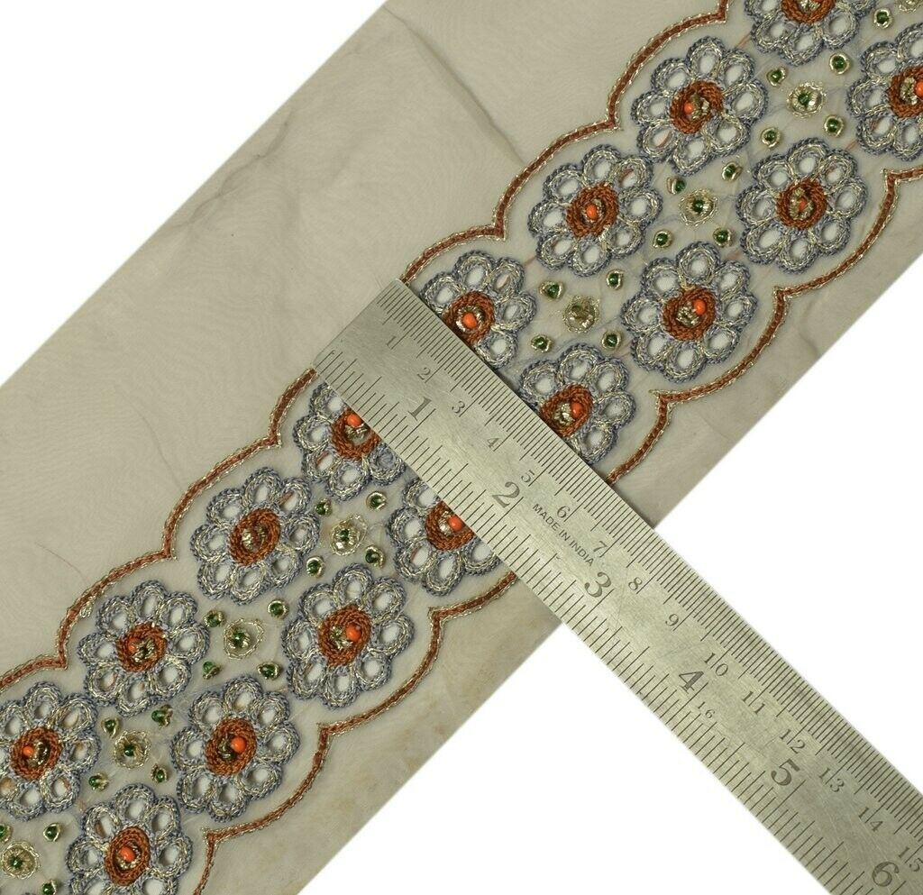 Vintage Sari Border Indian Craft Trim Hand Beaded Embroidered Ribbon Lace Gray