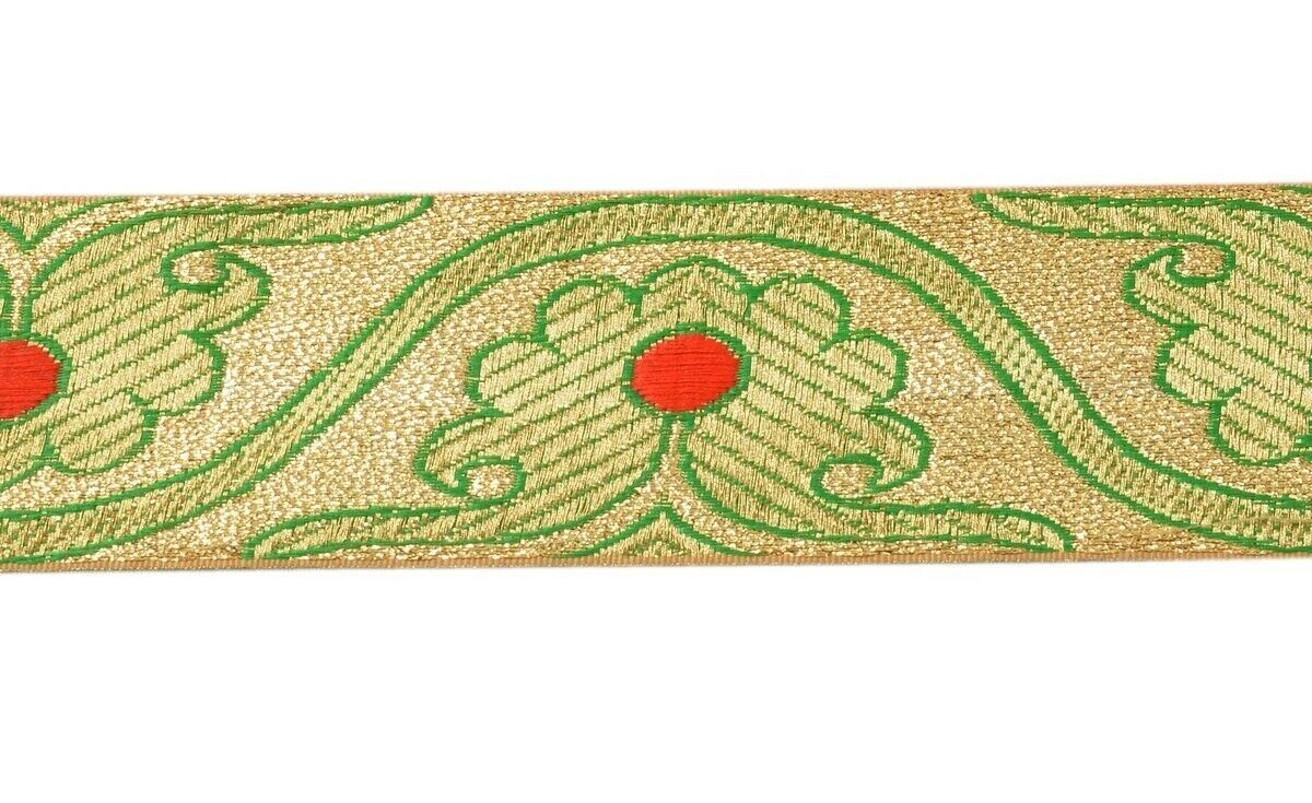 Vintage Sari Border Indian Craft Trim Woven Green Golden Sewing Ribbon Lace