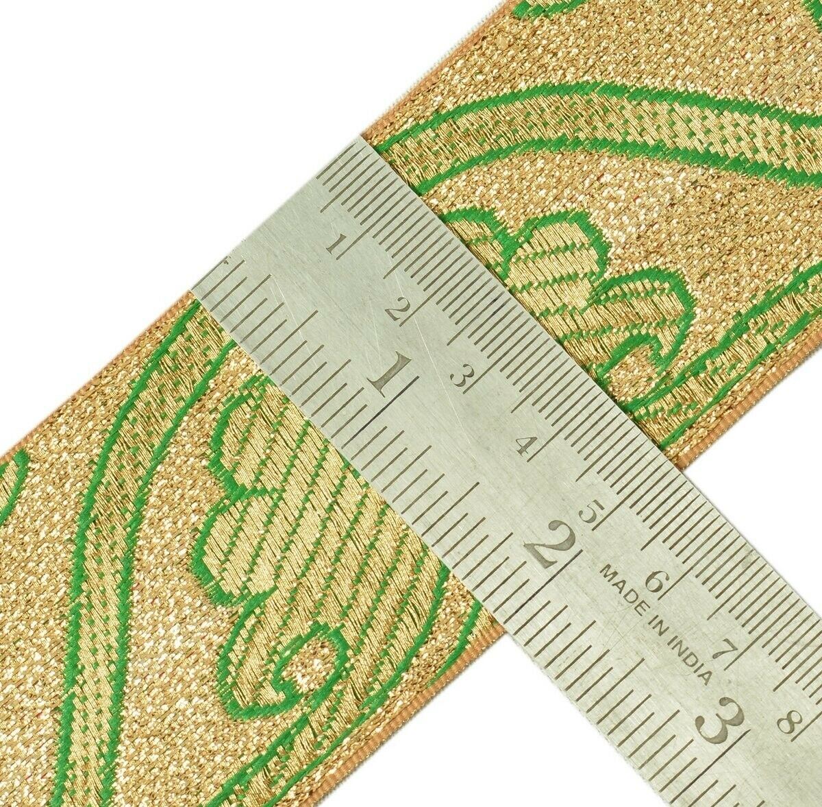 Vintage Sari Border Indian Craft Trim Woven Green Golden Sewing Ribbon Lace