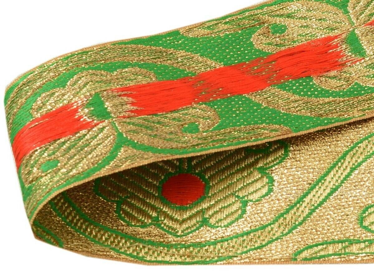 Vintage Sari Border Indian Craft Trim Woven Green Golden Sewing Ribbon Lace